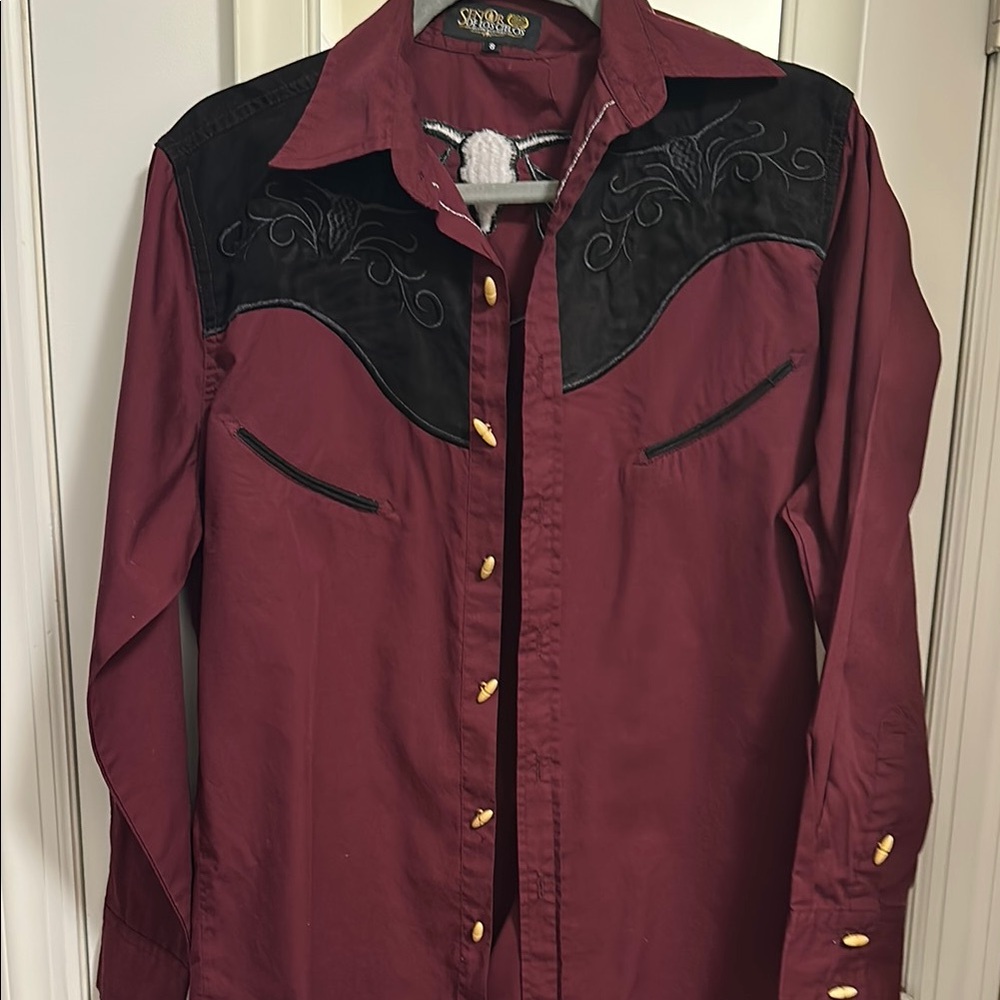 Red and Black Casual Button Down Shirt with Snap Buttons